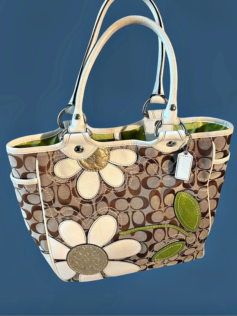 Coach Bleecker Signature Daisy Tote in Brown & Green